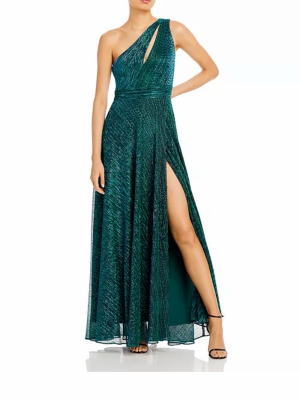 Aqua One-Shoulder Teal Metallic Evening Gown with High Slit